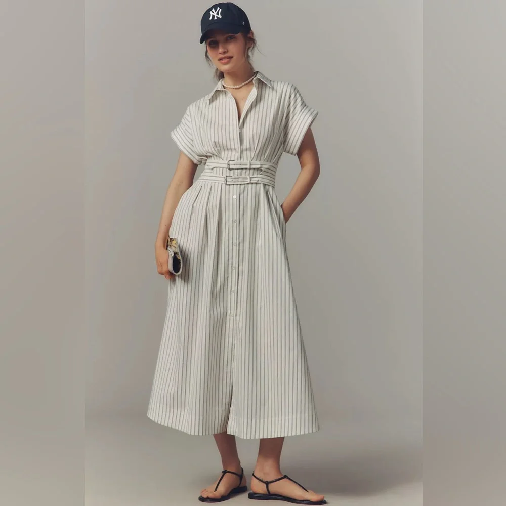 Anthropologie White Pinstripe Button-Front Midi Shirt Dress - Picture 1 of 4